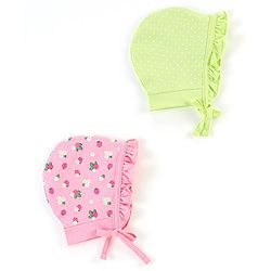 Babyhug 100% Cotton Caps Floral & Dot Print Pack of 2 Pink Green - Diameter 13 cm