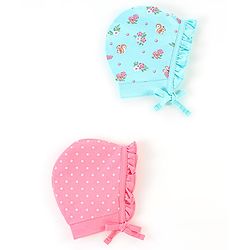 Babyhug 100% Cotton Caps Pack of 2 Floral & Squirrel Print Multicolor - Diameter 12 cm