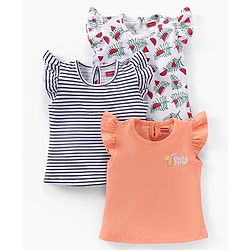Babyhug Cotton Short Sleeves Tees with Frill Detailing and Graphics Pack of 3 - Peach