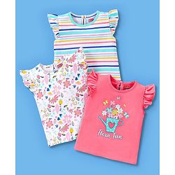Babyhug Cotton Short Sleeves Tees with Graphics & Frill Detailing Pack of 3 - Blue & Pink