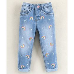 Babyhug Full Length Washed & Rain Embroidery Jeans - Blue