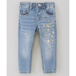 Babyhug Cotton Spandex Full Length Washed Denim Jeans Star Printed - Blue