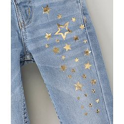 Babyhug Cotton Spandex Full Length Washed Denim Jeans Star Printed - Blue