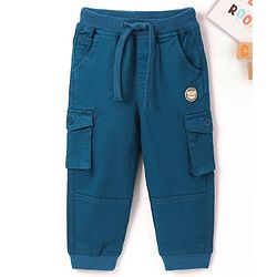 Babyhug Cotton Full Length Solid Stretchable Trousers With Badge- Navy Blue