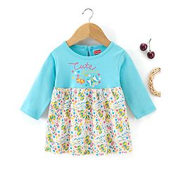 Babyhug 100% Cotton Full Sleeves Frock Butterfly Print - Sky Blue