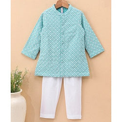 Babyhug 100% Cotton Full Sleeves Embroidered Kurta and Pyjama Set - Aqua & White