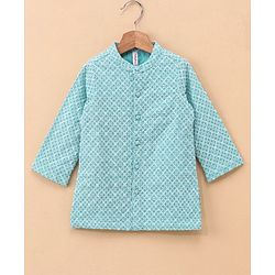 Babyhug 100% Cotton Full Sleeves Embroidered Kurta and Pyjama Set - Aqua & White