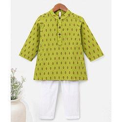 Babyhug 100% Cotton Full Sleeves Printed Kurta & Pyjama Set- Green