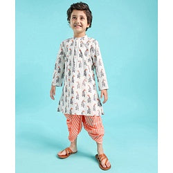 Babyhug 100% Cotton Woven Full Sleeves Rabbit Print Kurta and Dhoti Set - Off White & Cream