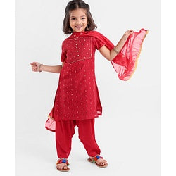Babyhug Half Sleeves Embroidered Kurta & Chudidar Set with Dupatta - Red