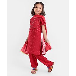Babyhug Half Sleeves Embroidered Kurta & Chudidar Set with Dupatta - Red