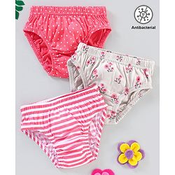 Babyhug 100% Cotton Knit Anti-Bacterial Panties Striped Floral & Polka Dots Print Pack of 3 - Pink Grey