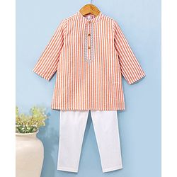 Babyhug 100% Cotton Full Sleeves Kurta With Payjama Set Striped - Orange
