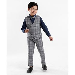 Babyhug Lycra Blend Full Sleeves Checked Party Suit- Grey & Dark Blue