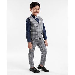 Babyhug Lycra Blend Full Sleeves Checked Party Suit- Grey & Dark Blue