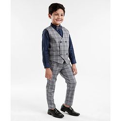 Babyhug Lycra Blend Full Sleeves Checked Party Suit- Grey & Dark Blue