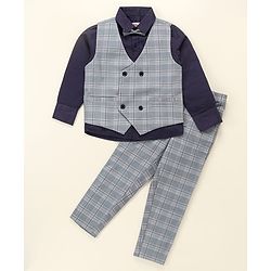 Babyhug Lycra Blend Full Sleeves Checked Party Suit- Grey & Dark Blue