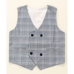 Babyhug Lycra Blend Full Sleeves Checked Party Suit- Grey & Dark Blue