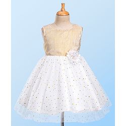 Babyhug Sleeveless Sequin Embellished Woven Party Dress with Floral Corsage - Gold & Off-White
