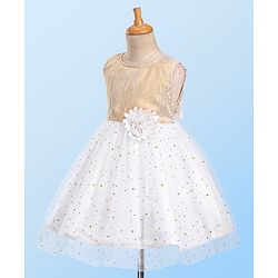 Babyhug Sleeveless Sequin Embellished Woven Party Dress with Floral Corsage - Gold & Off-White