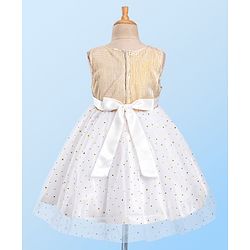 Babyhug Sleeveless Sequin Embellished Woven Party Dress with Floral Corsage - Gold & Off-White