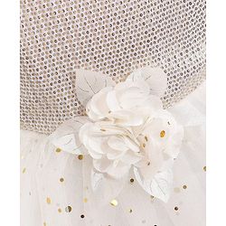 Babyhug Sleeveless Sequin Embellished Woven Party Dress with Floral Corsage - Gold & Off-White