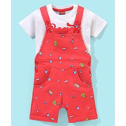 Babyhug Cotton Knit Half Sleeves Text Printed T-Shirt and Dungaree Set Beach Print - White & Red