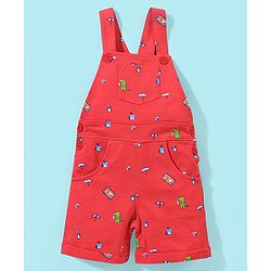 Babyhug Cotton Knit Half Sleeves Text Printed T-Shirt and Dungaree Set Beach Print - White & Red