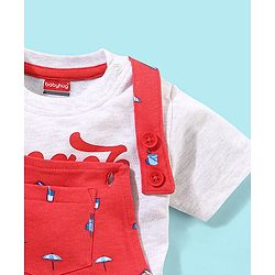 Babyhug Cotton Knit Half Sleeves Text Printed T-Shirt and Dungaree Set Beach Print - White & Red
