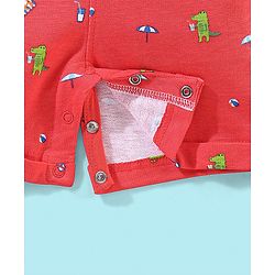 Babyhug Cotton Knit Half Sleeves Text Printed T-Shirt and Dungaree Set Beach Print - White & Red