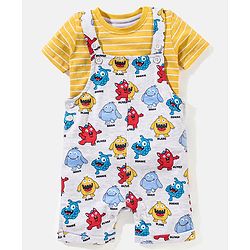 Babyhug Cotton Monster Printed Dungaree and Half Sleeves Stripes T-Shirt Set - Orange
