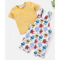 Babyhug Cotton Monster Printed Dungaree and Half Sleeves Stripes T-Shirt Set - Orange