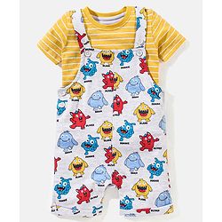 Babyhug Cotton Monster Printed Dungaree and Half Sleeves Stripes T-Shirt Set - Orange