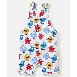 Babyhug Cotton Monster Printed Dungaree and Half Sleeves Stripes T-Shirt Set - Orange