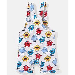 Babyhug Cotton Monster Printed Dungaree and Half Sleeves Stripes T-Shirt Set - Orange