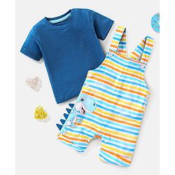 Babyhug Cotton Half Sleeves Tee & Dungaree Set With Applique Stripes & Dino Print- Blue & Yellow