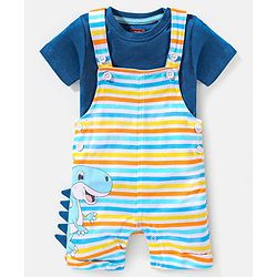 Babyhug Cotton Half Sleeves Tee & Dungaree Set With Applique Stripes & Dino Print- Blue & Yellow
