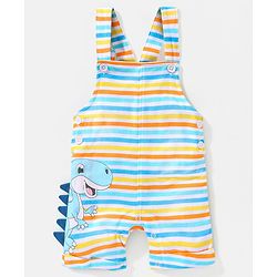 Babyhug Cotton Half Sleeves Tee & Dungaree Set With Applique Stripes & Dino Print- Blue & Yellow