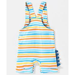 Babyhug Cotton Half Sleeves Tee & Dungaree Set With Applique Stripes & Dino Print- Blue & Yellow