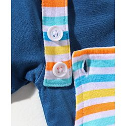 Babyhug Cotton Half Sleeves Tee & Dungaree Set With Applique Stripes & Dino Print- Blue & Yellow