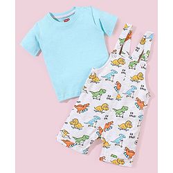 Babyhug Cotton Dungaree and Half Sleeves T-Shirt Set Dino Print - Light Blue White