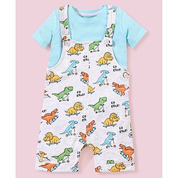 Babyhug Cotton Dungaree and Half Sleeves T-Shirt Set Dino Print - Light Blue White