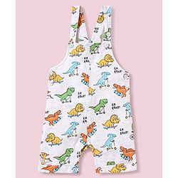 Babyhug Cotton Dungaree and Half Sleeves T-Shirt Set Dino Print - Light Blue White