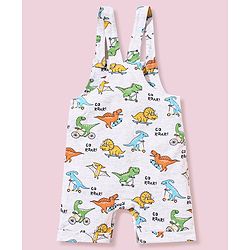 Babyhug Cotton Dungaree and Half Sleeves T-Shirt Set Dino Print - Light Blue White