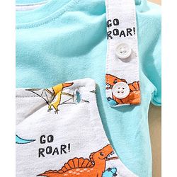 Babyhug Cotton Dungaree and Half Sleeves T-Shirt Set Dino Print - Light Blue White