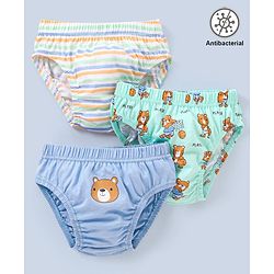 Babyhug 100% Cotton Knit Anti Bacterial Briefs Striped & Bear Print Pack of 3 - Blue & Green