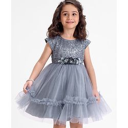 Babyhug Sleeveless Party Wear Frock With Floral Corsage and Sequin Embroidery - Grey