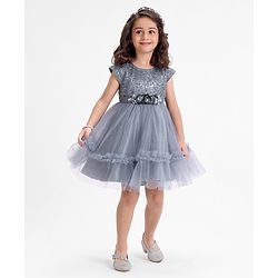 Babyhug Sleeveless Party Wear Frock With Floral Corsage and Sequin Embroidery - Grey