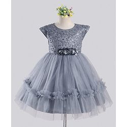 Babyhug Sleeveless Party Wear Frock With Floral Corsage and Sequin Embroidery - Grey