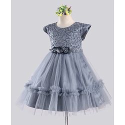 Babyhug Sleeveless Party Wear Frock With Floral Corsage and Sequin Embroidery - Grey